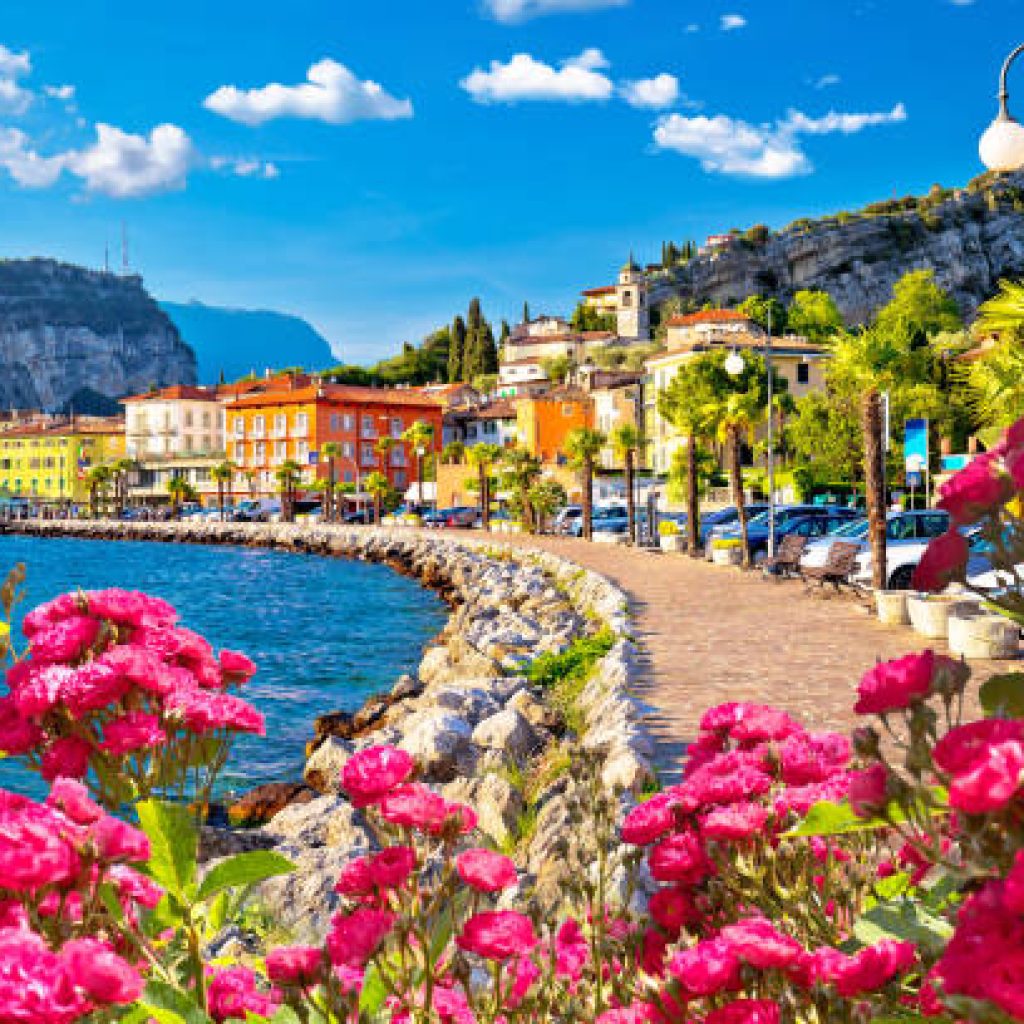 Colorful town of Torbole on Lago di Garda waterfront view, Trentino Alto Adige region of Italy